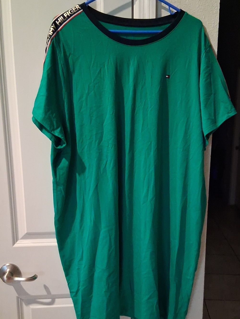 Tommy Hilfiger Women's Emerald Green Crew Neck Tee with Logo Shoulder Tape